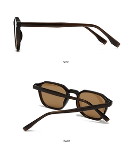Detail view of brown geometric polarized sunglasses showing side and back frames