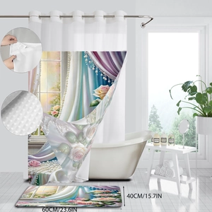 Detail of luxury rose floral shower curtain fabric and double metal ring hooks