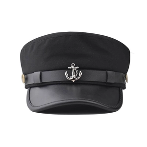 Cappello da marinaio nero classico con stemma di ancora argento e visiera in pelle