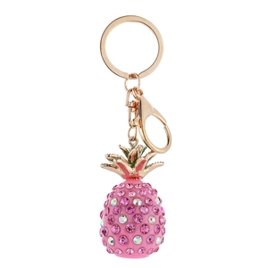 Sparkling pink rhinestone pineapple keychain with golden metal ring and lobster clasp