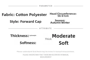 Tabella taglie per berretto piatto in cotone-poliestere con dettagli su circonferenza e tessuto