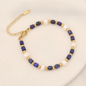 Bohemian natural stone and pearl bracelet with blue lapis beads and golden lobster clasp