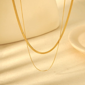 Minimalist double-layered 18K gold-plated stainless steel snake chain and round link necklace