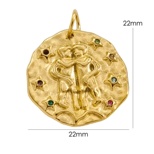 Detailed 22mm hammered gold Gemini pendant with colorful cubic zirconia inlays