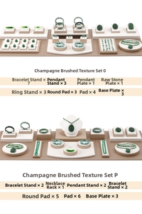 Detailed champagne gold jewelry display set with brushed texture for rings and necklaces