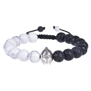 Detail of adjustable braided bracelet with white marble beads and silver Spartan helmet