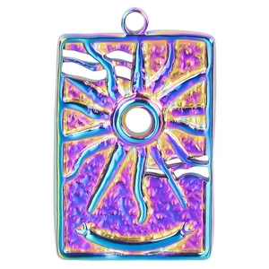 Minimalist gold sun rectangle pendant necklace with rainbow metallic finish on white background