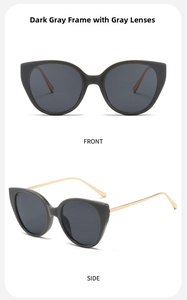 Front and side views of grey cat-eye sunglasses with golden metal temples