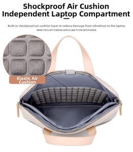 Detail view of pink laptop bag showing shockproof air cushion lining and inner compartment