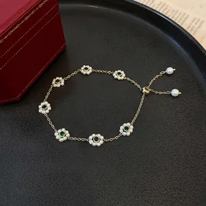 Flower Bracelet Emerald Green Zircon Artificial Pearl Stainless Steel Adjustable Drawstring Slider French Vintage Elegant Women