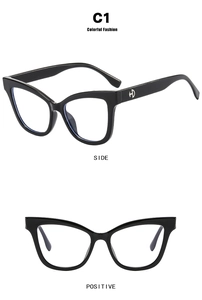 Detailed front and 45-degree side view of black cat-eye TR90 frames with silver logo