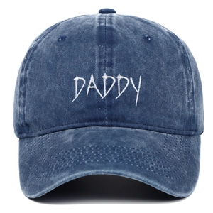 Vintage washed navy cotton baseball cap with white DADDY letter embroidery and curved brim