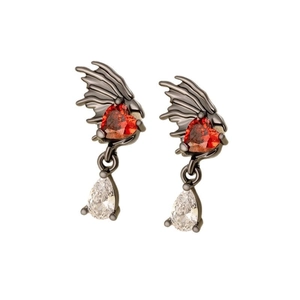 Vintage wing screw back stud earrings with heart red gem and pear drop crystal