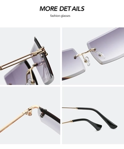 Detail view of purple gradient frameless sunglasses with gold metal hinges and nose pads