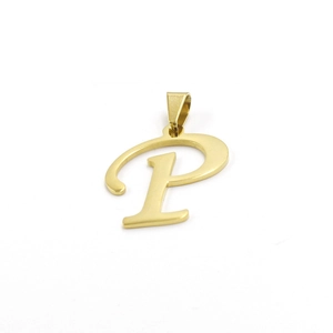 Detailed close-up of 18K gold plated stainless steel letter P pendant with a smooth finish