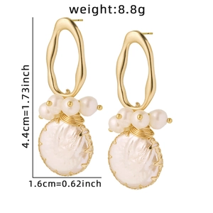 Elegant gold oval baroque pearl drop earrings weighing 8.8g with 4.4cm height