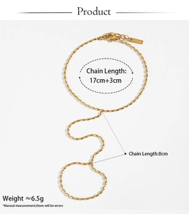 Detail view of gold PVD plated stainless steel hand chain bracelet with sizing measurements