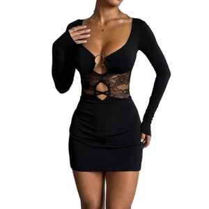 Sexy black long sleeve knit mini dress with lace patchwork and metal ring cut-outs