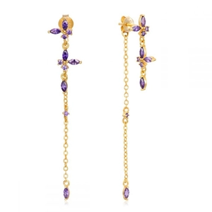 Macro shot of S925 sterling silver long tassel earrings with purple butterfly zircons