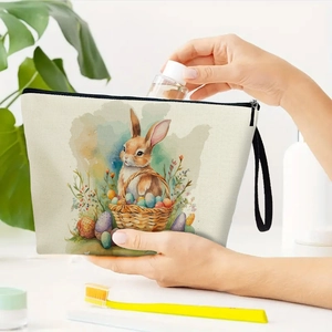 Easter bunny canvas makeup bag with zipper handle shown in a tidy bathroom setting