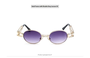 Detail view of steampunk oval sunglasses with gold metal frame and purple gradient lenses
