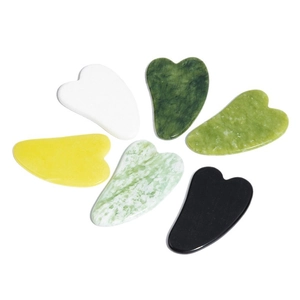 Set of six heart-shaped natural jade stone gua sha tools in assorted vibrant colors
