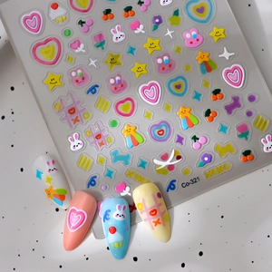 5D jelly bunny nail stickers with 3D colorful stars hearts and floral cartoon designs
