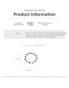 Detailed specs of zircon link bracelet showing 16cm length and 12.9g weight details