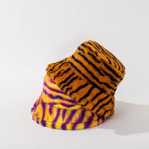 Women Men Winter Warm Tiger Stripe Faux Fur Bucket Hat Fashion Thick Plush Fisherman Cap Autumn Streetwear Accessories