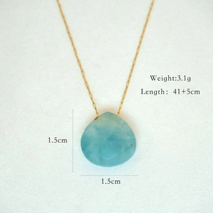 Detailed size chart of water drop blue stone pendant with 41+5cm gold chain necklace