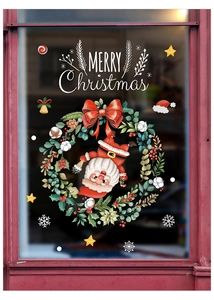 Detail of Christmas wreath window sticker with Santa Claus and Merry Christmas text