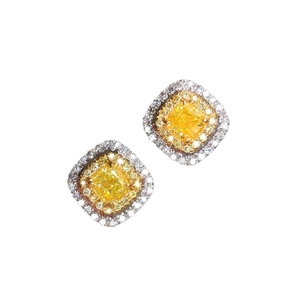 Elegant square yellow zircon stud earrings with silver plating and surrounding crystals