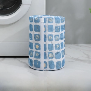 Detailed view of cylindrical fine mesh laundry bag with blue grid print, size 22X33CM