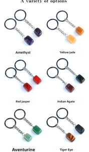 Selection of rectangular gemstone keychains in amethyst, jade, jasper, and tiger eye stones