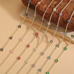 Colorful Flower Zircon Tennis Chain Choker Necklace 14K Gold Plated Copper Floral Clavicle Jewelry For Women
