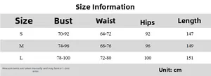 Detailed size chart for lace cutout backless maxi dress showing bust and waist in cm