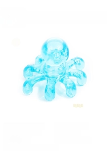 Close-up of octopus-shaped hand-held massager with eight smooth blue plastic contact points