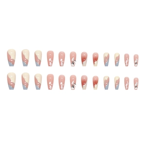 Morandi nude pink and blue press-on nails in long coffin shape with silver foil
