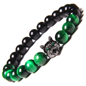 Men's tiger eye and obsidian beaded bracelet featuring a wolf head with zircon inlay