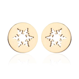 Golden stainless steel geometric snowflake stud earrings with hollow circular design