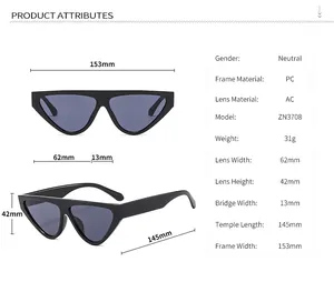 Detailed size specifications for triangular cat eye sunglasses with frame dimensions