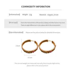 Detailed size chart showing 3.5cm diameter for zircon flower hoop earrings