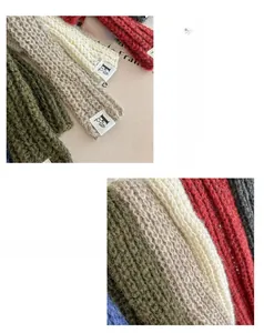 Macro detail of multi-color thick knit wool scarves with minimalist brand logo label