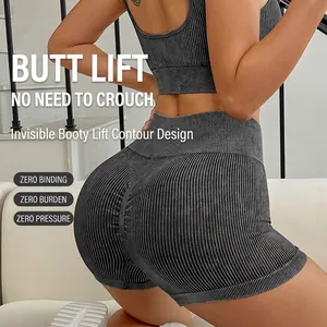 Women's ribbed seamless yoga shorts with high-waist scrunch butt lift design in grey