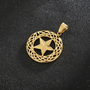 Detailed close-up of 18K gold plated hollow pentagram pendant with Celtic knot pattern