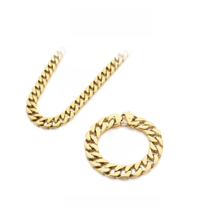 Size specifications for 15mm gold Cuban link necklace and bracelet set with dimensions