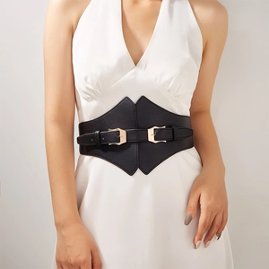 Women Fashion Wide Corset Belt Elastic Synthetic Leather Waist Cinchers Double Alloy Pin Buckle Decorative Waistband
