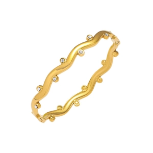 Elegant gold wave-shaped titanium steel bracelet with sparkling round clear gemstones