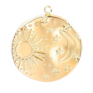 Golden sun moon and star pendant made of stainless steel with celestial relief details