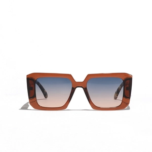 Y2K oversized square sunglasses with brown frame and blue-orange gradient lenses